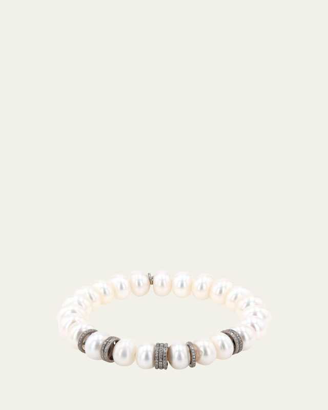 White Pearl and Pave Diamond Rondelle Bracelet